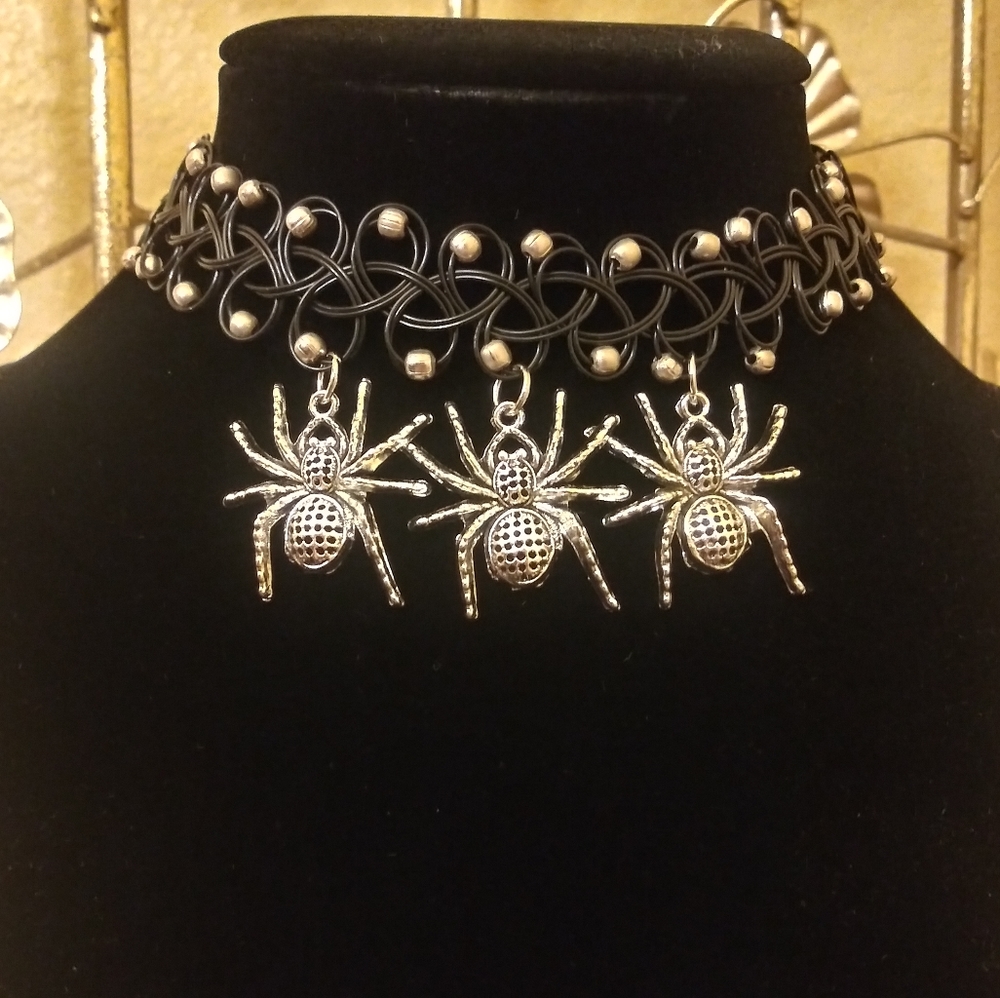 Tattoo choker spider charm necklace, Spider charm